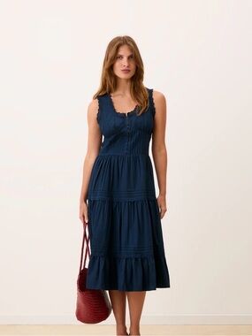 Round ROSELENE Dress, Navy Blue, Organic Cotton, Tiered Midi Dress